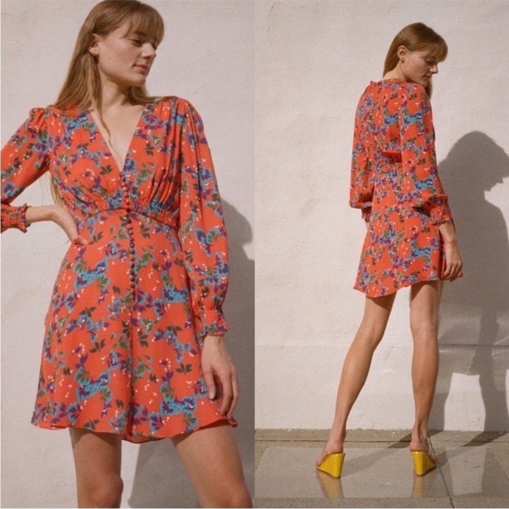 Saloni Eve Mini Dress Tangerine Sweetpeas Chiffon Viscose Smock V Neck Size 0